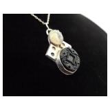 .925 Sterling Silver Primitive Carved Moon Face Pendant Necklace