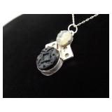 .925 Sterling Silver Primitive Carved Moon Face Pendant Necklace