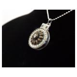.925 Sterling Silver Primitive Carved Mother of Pearl Flower Pendant Necklace