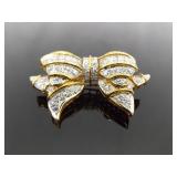 .925 Sterling Silver Vermeil Crystal Bow Brooch