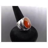 .925 Sterling Silver Red Amber Ring Size 6.5