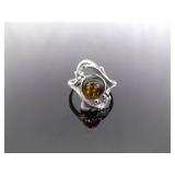 .925 Sterling Silver Amber Cabochon Ring Size 8