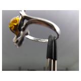 .925 Sterling Silver Amber Cabochon Ring Size 8