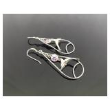 .925 Sterling Silver Pink Sapphire Crystal Dolphin Hoop Dangle Hook Earrings