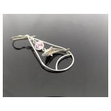 .925 Sterling Silver Pink Sapphire Crystal Dolphin Hoop Dangle Hook Earrings