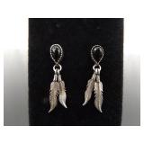 .925 Sterling Silver Native Black Onyx Cabochon Dangle Feather Post Earrings