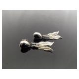 .925 Sterling Silver Native Black Onyx Cabochon Dangle Feather Post Earrings