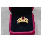 Gold Tone Ring with Red Stones - Size 8