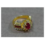 Gold Tone Ring with Red Stones - Size 8