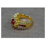 Gold Tone Ring with Red Stones - Size 8