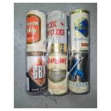 Six beer cans, vintage