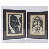 2 Framed Vintage Artworks - Linocut & Etching - "The Old Cynic" & Mother w/Child