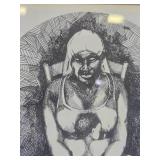 2 Framed Vintage Artworks - Linocut & Etching - "The Old Cynic" & Mother w/Child