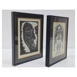2 Framed Vintage Artworks - Linocut & Etching - "The Old Cynic" & Mother w/Child