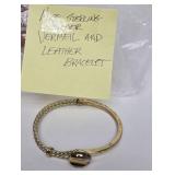 Vintage Signed VERMEIL Sterling Silver & Leather Bracelet