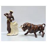 Very Cool Larger Size Mid Century Ceramic Bull & Matador Figurines