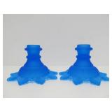 Pair of Westmoreland Blue Mist Glass Candle Stands & Viking Glass Blue Diamond Point Fairy Lamp etc