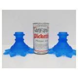 Pair of Westmoreland Blue Mist Glass Candle Stands & Viking Glass Blue Diamond Point Fairy Lamp etc