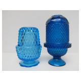 Pair of Westmoreland Blue Mist Glass Candle Stands & Viking Glass Blue Diamond Point Fairy Lamp etc