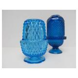 Pair of Westmoreland Blue Mist Glass Candle Stands & Viking Glass Blue Diamond Point Fairy Lamp etc