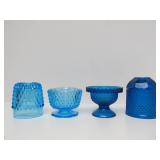 Pair of Westmoreland Blue Mist Glass Candle Stands & Viking Glass Blue Diamond Point Fairy Lamp etc