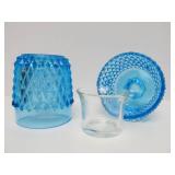 Pair of Westmoreland Blue Mist Glass Candle Stands & Viking Glass Blue Diamond Point Fairy Lamp etc