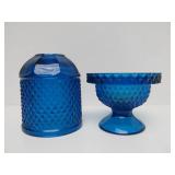 Pair of Westmoreland Blue Mist Glass Candle Stands & Viking Glass Blue Diamond Point Fairy Lamp etc