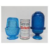 Pair of Westmoreland Blue Mist Glass Candle Stands & Viking Glass Blue Diamond Point Fairy Lamp etc