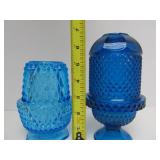 Pair of Westmoreland Blue Mist Glass Candle Stands & Viking Glass Blue Diamond Point Fairy Lamp etc
