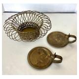 Antique Brass Twisted Wire Basket + Pair of Small Sconces