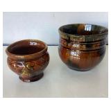 Vintage Pair Green / Brown Glazed Flowerpots