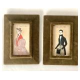 Pair of Antique Hand Painted Engravings in Vintage Velvet Frames