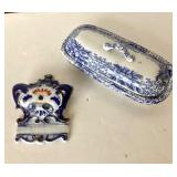 Antique Porcelain Match Safe + Ironstone Butter Dish