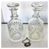 Matched Pair Cut Crystal Decanters + Whisky Label
