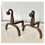 Small Pair Antique Wrought Iron Fire Dogs + Ember Tongs