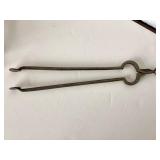 Small Pair Antique Wrought Iron Fire Dogs + Ember Tongs