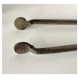 Small Pair Antique Wrought Iron Fire Dogs + Ember Tongs