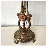 Classical English Victorian Gilt Metal Table Lamp With Fringed Shade