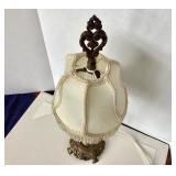 Classical English Victorian Gilt Metal Table Lamp With Fringed Shade