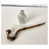 Vintage Chinese Reverse Painted Glass Snuff Bottle + Copper / Brass Opium Pipe