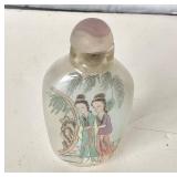 Vintage Chinese Reverse Painted Glass Snuff Bottle + Copper / Brass Opium Pipe