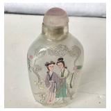 Vintage Chinese Reverse Painted Glass Snuff Bottle + Copper / Brass Opium Pipe