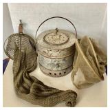 Antique Candle Warmed Ice Fishing Minnow Bucket + Floating and Clamp Creels