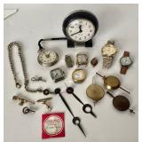 Group of Assorted Watches + Vintage Clock Parts