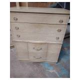 Vintage mid-century blonde wood bed set = Tall Dresser, long dresser with mirror, and headboard