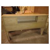 Vintage mid-century blonde wood bed set = Tall Dresser, long dresser with mirror, and headboard