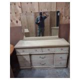 Vintage mid-century blonde wood bed set = Tall Dresser, long dresser with mirror, and headboard