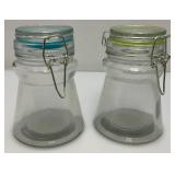 Vintage Set Of Four Clear Glass Tapered Canister Jar Set With Wire Bail Clasp 4 5/8" Tall