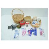Sewing Supplies Lot: New Glue Tape and Refills, baskets, safety pins, Velcro, lace edging