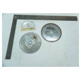 7-1/4" saw blades, measuring square, trowel adhesive scraper 1/16"